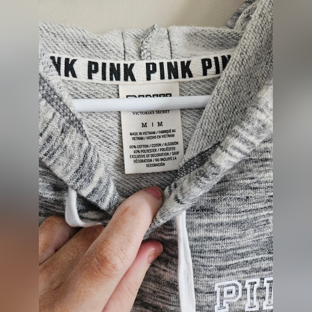 PINK VS medium heather grey old school hoodie long sleeve grey sweater graphic - Picture 2 of 7